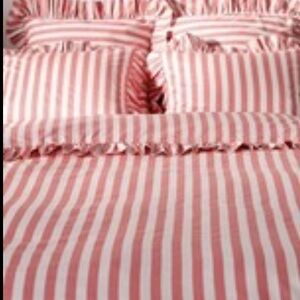 Anthropologie Pink White Stripe Ruffle Pillow Shams Standard Queen Set of 2 NEW
